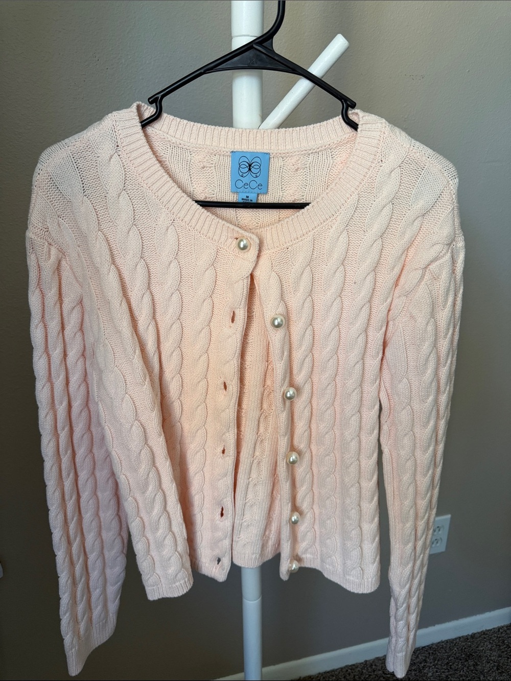 CeCe Women's Cable Knit Pearl Cardigan Sweater - Light Pink